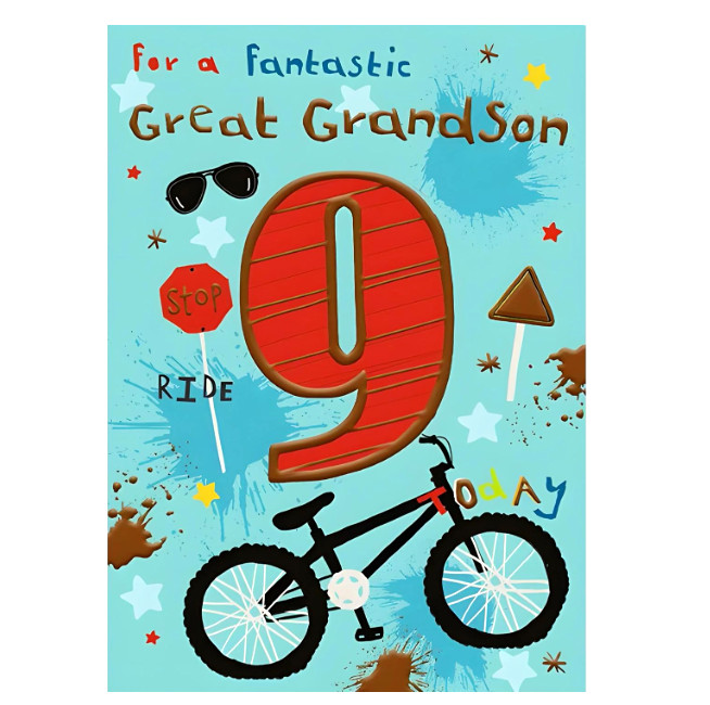 Birthday Card GREAT GRANDSON 9th 9 Great-Grandson, Paper Pages Inside.