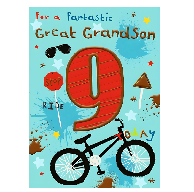 Birthday Card GREAT GRANDSON 9th 9 *Gold-foiled Nine Inch Card, Pages Inside*