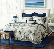 NEW! ~ BEACH HOUSE OCEAN COASTAL NAUTICAL SEASHELL CORAL BLUE WHITE QUILT SET