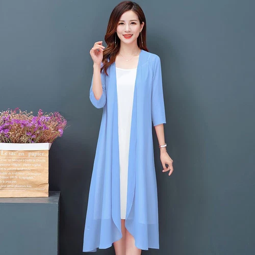 Women Cardigan Sheer Chiffon Long Jacket Coat Open Casual Half Sleeve Outwear - Bild 26 von 26