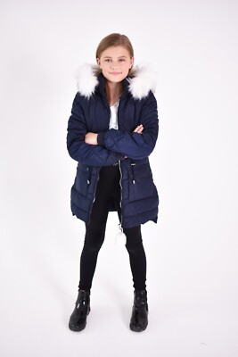 Neu Mädchen Marine Rauten Stepp Pelz gefüttert Puffer Mantel Alter 5 7 9/10 11/12 13/14 15/16