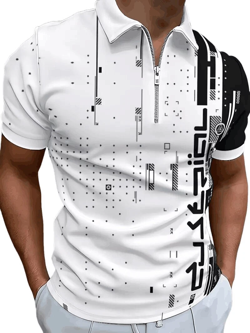 Men‘s Short Sleeve Striped Polo Shirt Breathable Polyester Fabric T-Shirt - Picture 1 of 3