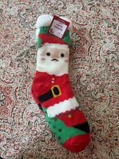 Santa Claus Lined Soft Non-Slip Green Women's Slipper Socks, sz 4-10