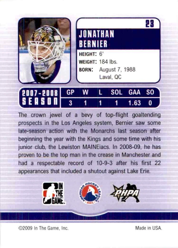 2008-09 In The Game Between The Pipes Jonathan Bernier #23 - Image 2 of 2