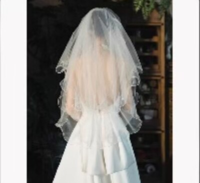 White Two Tier Curly Lettuce Edge Bridal Wedding Veil with Comb Waist Length