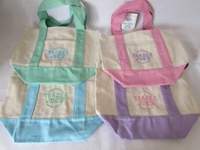 4 Trader Joe's Mini Pastel Canvas Reusable Tote Shopping Bag Purple Pink Blue