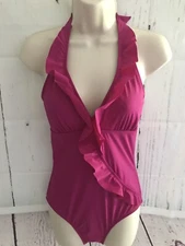 Love Your Assets By Sara Blakely M Pink Ruffle One-Piece Swimsuit Halter Slim