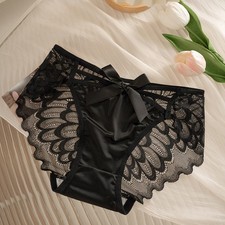 Soft Satin Bow HollowOut Lace Womens Briefs With Cotton Lined Crotch Fabric