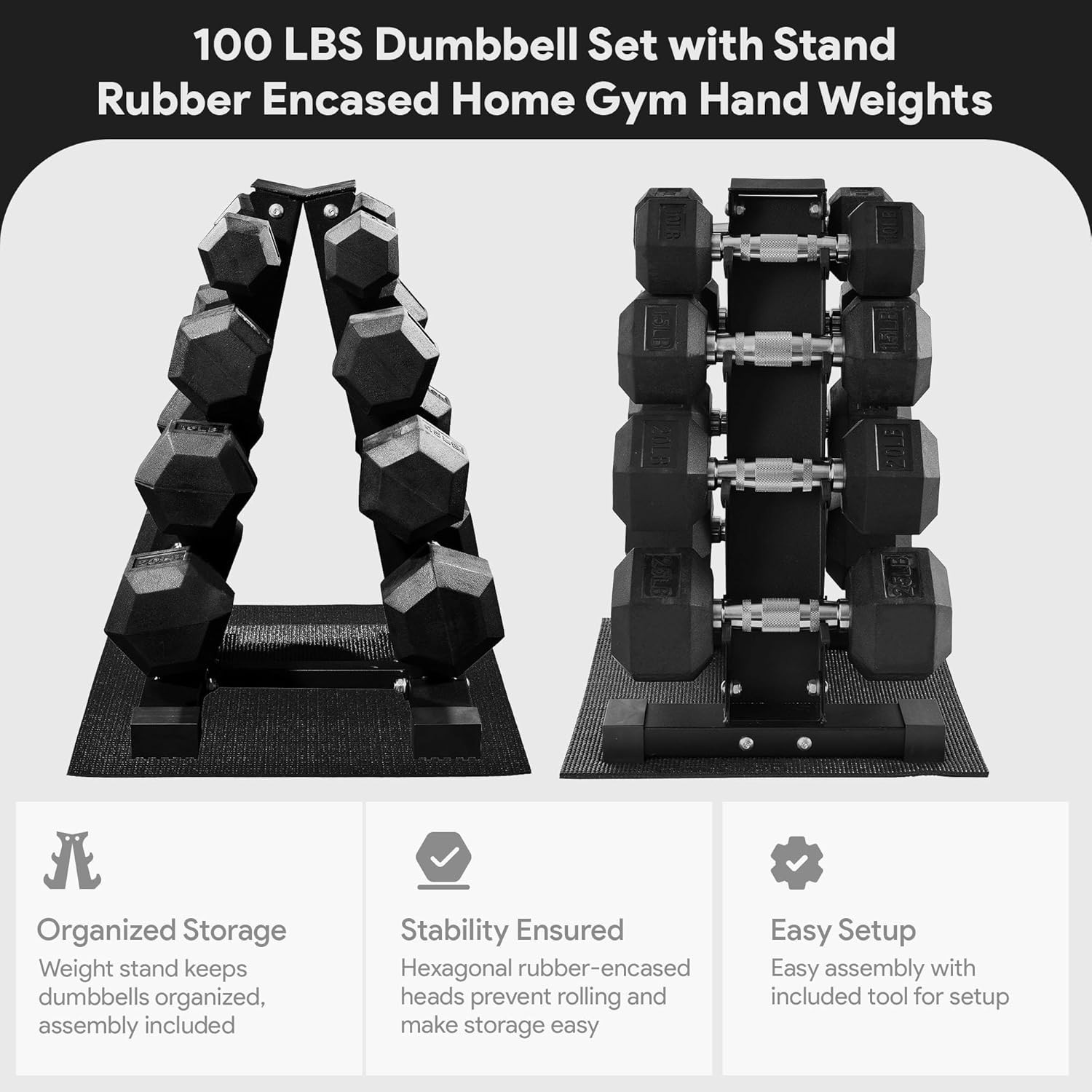 Rubber Coated Hex Dumbbell Weight Set with Storage Rack, 100LB, Fitness Gym
