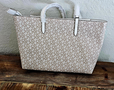 DKNY Large Beige/White Logo Tote Bag Gold Hardware Double Handles Open Top