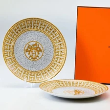 Hermes Dessert Plate Mosaique Au 24 Gold Tableware Dish 2 set Auth New Box 21 cm