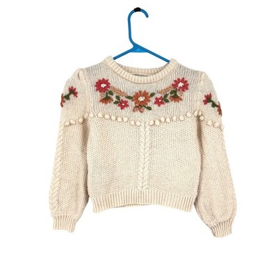 Abel & Lula Girls Cream Floral Embroidered Pom Pom Knit Sweater Jumper Size 8