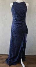 EUC Alex Evenings Dress Womens 8 Navy Blue Lace Sequin Ruched Maxi Formal Gown