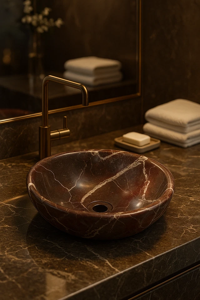 Lavabo de baño redondo de piedra pulida Rosso Levanto de mármol Foto 2 de 4