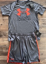 NWT Under Armour YMD Gray/Orange/Black BIG LOGO Shorts Set Medium