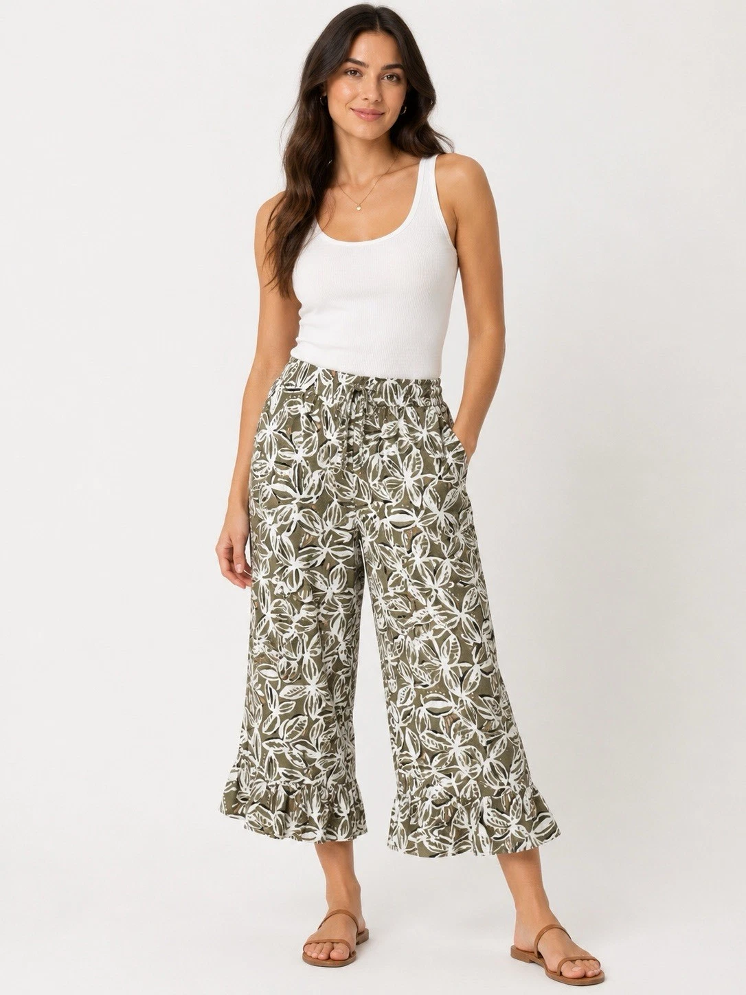 Cato Hi-Rise Cropped Linen Pants Size Large Wide Leg Capri Culotte Ruffle Hem
