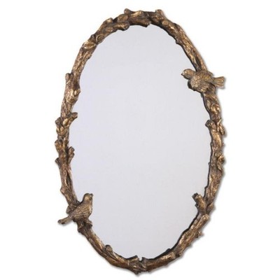 Rustic Oval Decor Mirror in Distress Antique Gold with Metal Frame Bird and Vine