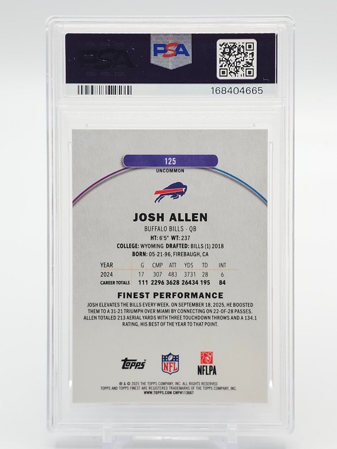 JOSH ALLEN 2025 TOPPS FINEST ORANGE REFRACTOR /25 #125 BILLS PSA 10 Q8008 view 2
