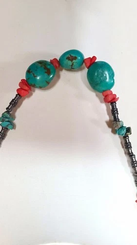 Turquoise Coral Beaded Statement Necklace Silver Tone Metal Round Gemstone Beads - product listing photo