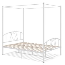 Double Size Metal Canopy Bed Frame Modern 4 Poster Platform Bed White