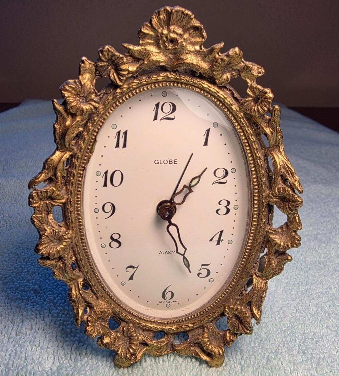 Vintage GLOBE Ornate Alarm Clock - West Germany - Gold Plated Filigree - As Is
