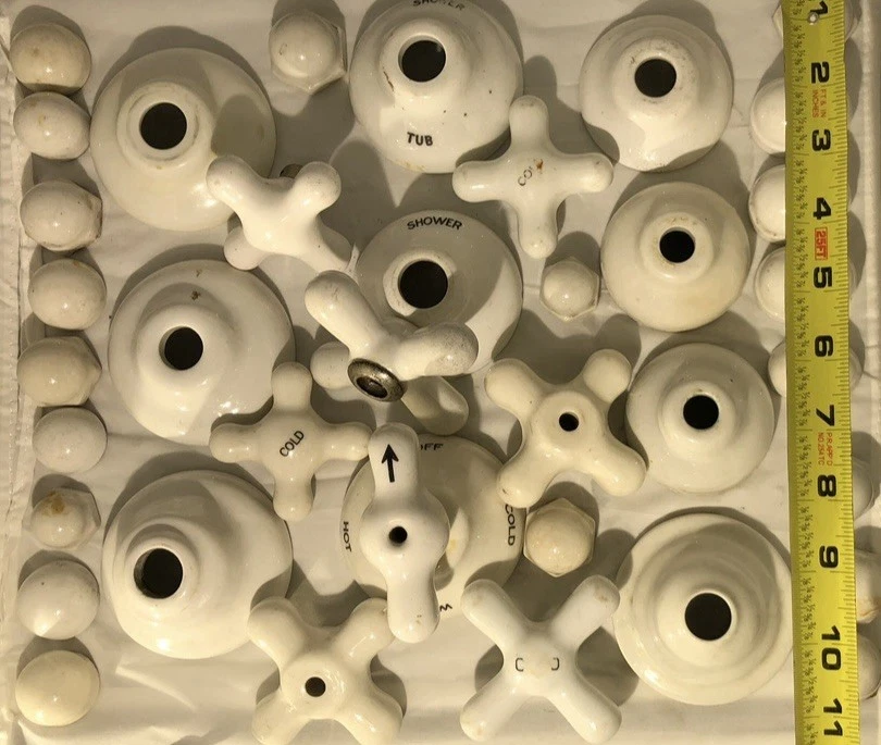 Lot of 30+ Vintage Porcelain Handles Escutcheons HOT COLD TUB SHOWER 1920s-50s - Image 3 of 4