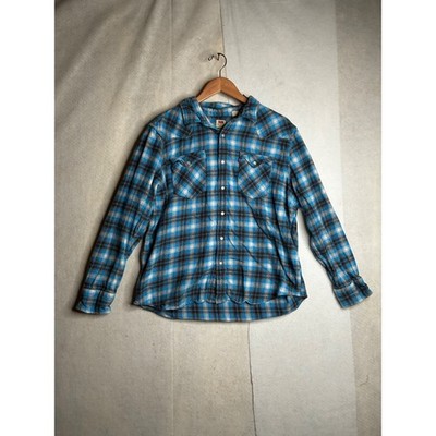 Levis Mens XL Standard Western Flannel Shirt Blue Black Plaid Pearl Snap L/S