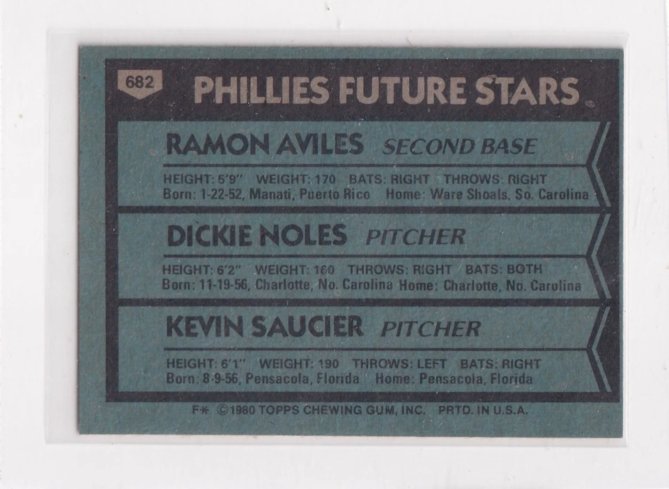 1980 Topps Future Stars # 682 Ramon Aviles, Dickie Noles, Kevin Saucier - Image 2 of 2