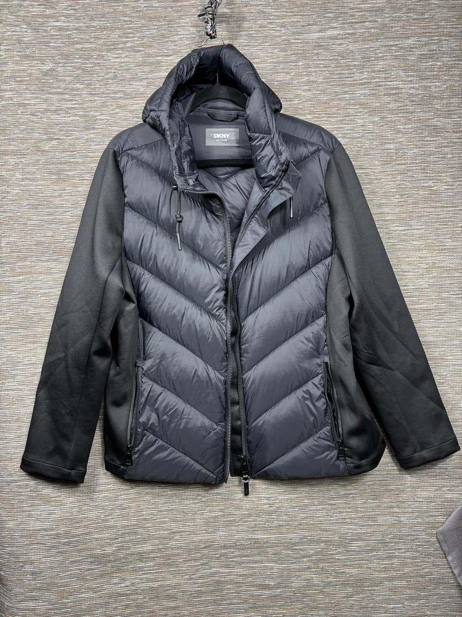 DKNY Jacket Mens 2XL Black Hooded Puffer Quilted Softshell Sleeves