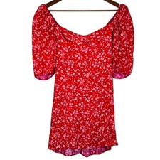 Reformation Puff Sleeve Bustier Red Dress Ditsy Floral Milkmaid Mini Dress