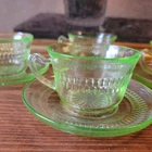 Anchor Hocking Roulette Uranium Glass Cups Saucers Set 4 Depression Glass