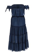 Misa Los Angeles Navy Blue Off Shoulder Midi Tiered Dress Women's Medium