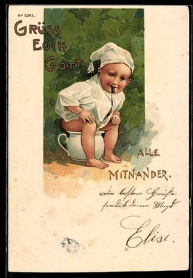Postcard boy sitting on the night pot, greetings God all together, toilet house 