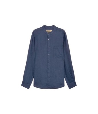 TRUSSARDI Linen Mandarin Collar Shirt - Blue White Petrol - MPN 11019