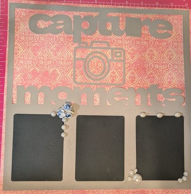 Handmade 12x12 Scrapbook Page - ''Capture Moments'', Camera & Faux Pearl Embellish