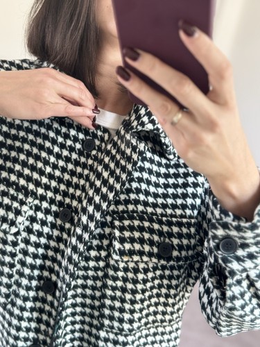Long shirt coat Houndstooth Print Black White Green Size S Oversize - Picture 5 of 20