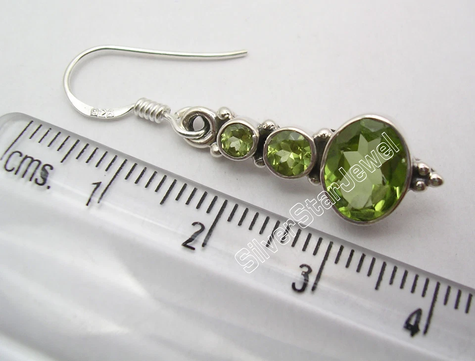 BEST OFFER UK 925 Sterling Silver PERIDOT Stone Dangle Earrings 1.5" - Image 3 of 3