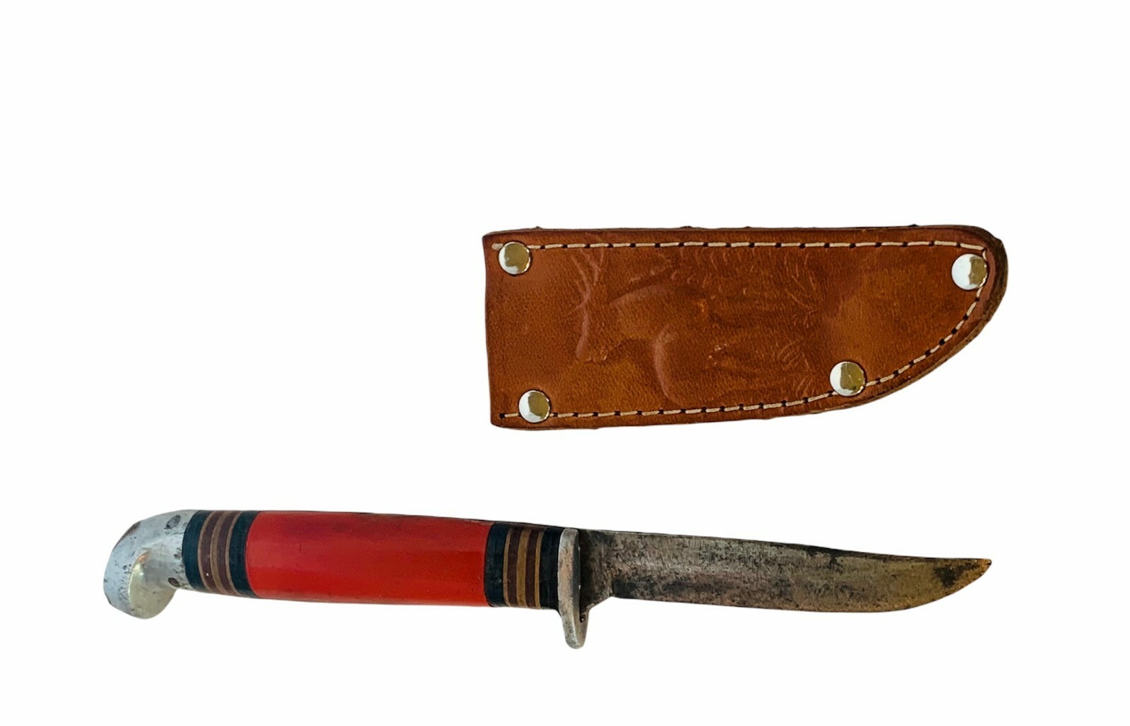 Western Auto Fixed Blade Knife vtg red handle Elk leather sheath 1941
