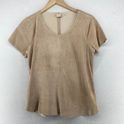 ECRU Brand Top Womens S Suede Leather Short Sleeve Scoop Neck Minimalist Beige
