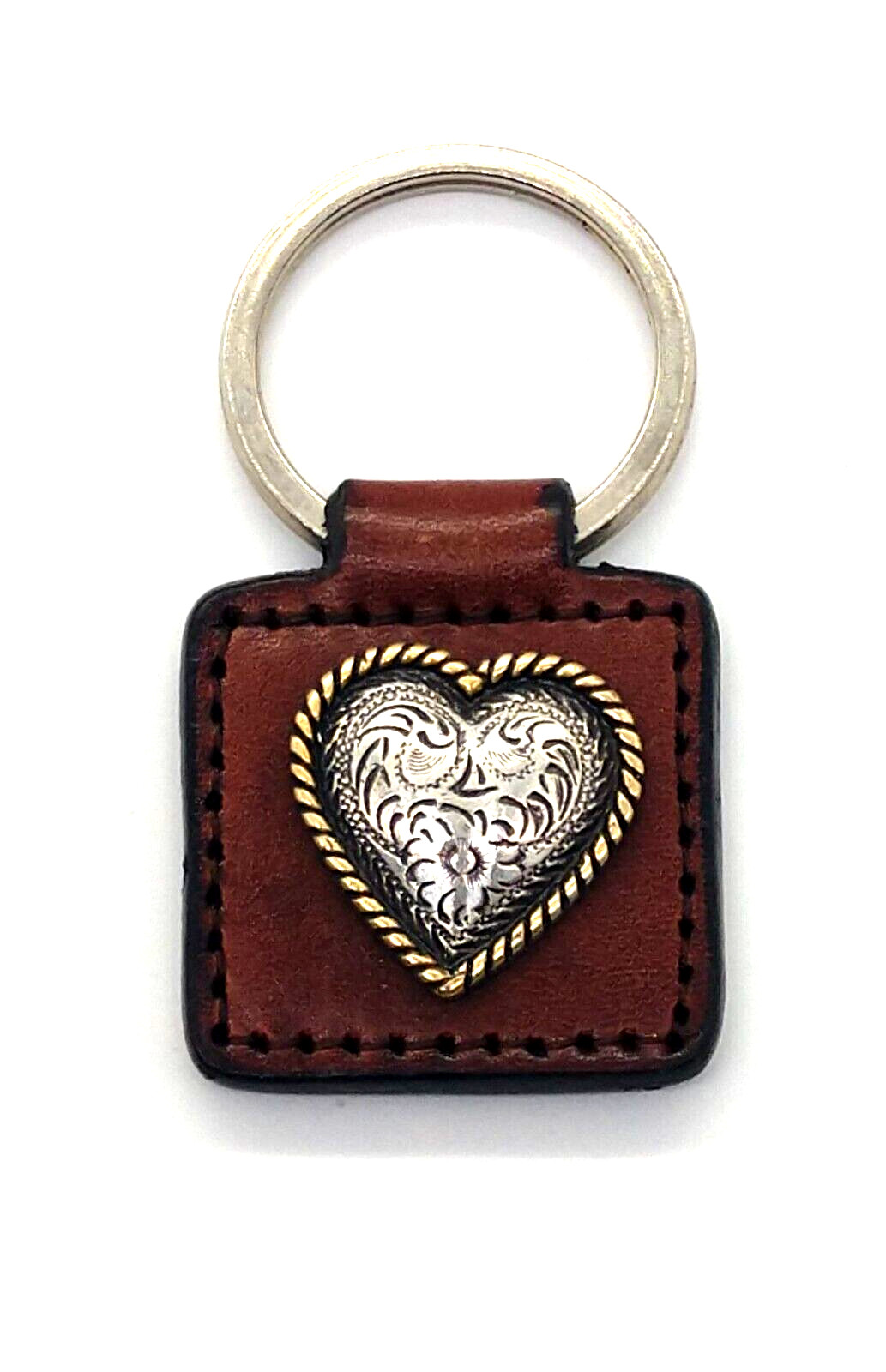 Vintage Leather Metal Heart Love Romance Keyring Keychain
