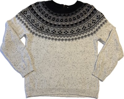 Christopher & Banks Fair Isle Sweater Women s S Beaded Zip Bk Oatmeal Gray Black