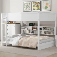 Queen Over Queen Size Wood Bunk Bed w/Storage Cabinets & Charging Station-White