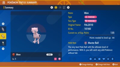 Non Shiny 6IV XXXL Schüchtern FAL2010 Mew ''Ribbon Master'' Pokemon Scarlet/Violet Home