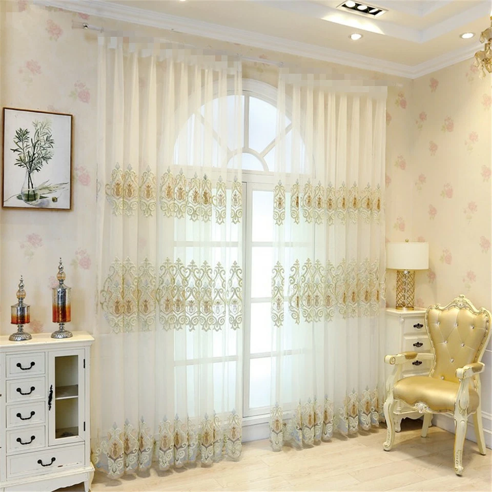 Cortinas transparentes bordadas florales de lujo estilo europeo hilo de ventana de tul 1 panel Foto 4 de 4