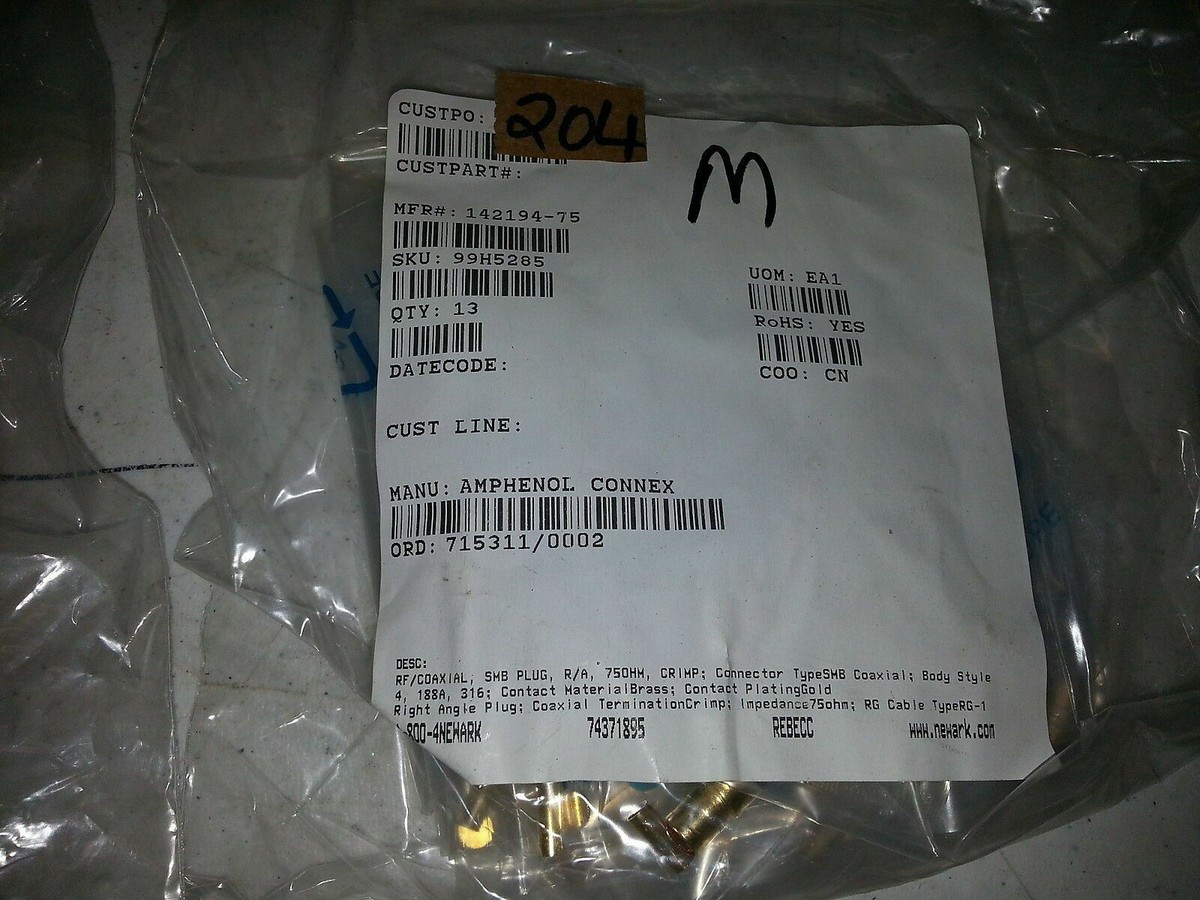 太郎様 142194-75 AMPHENOL RF, RF/COAXIAL, SMB PLUG, R/A | Farnell® UK