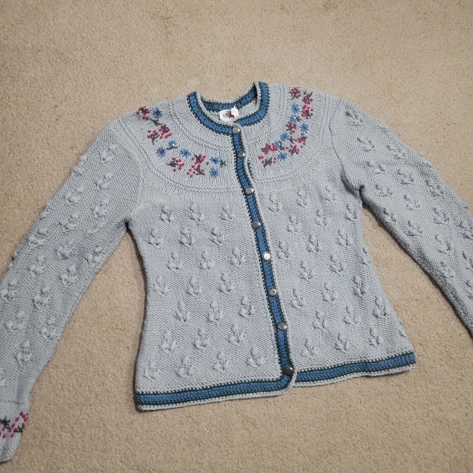 Vintage 1990s Gray Wool Popcorn Knit Sweater Cardigan White Flowers Jacket Lanz - Image 2 of 4