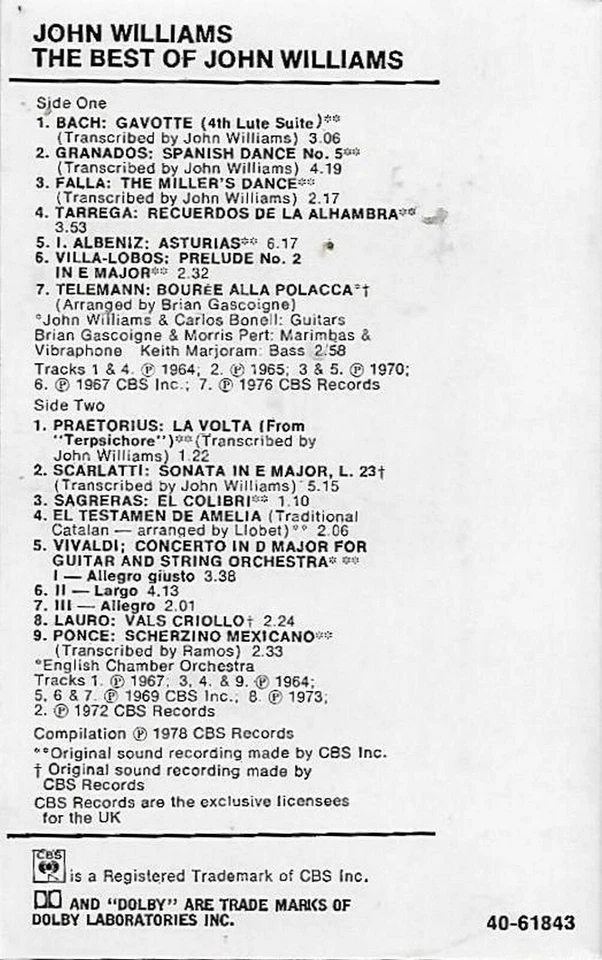 JOHN WILLIAMS THE BEST OF CASSETTE CBS CLASSICS 4061843 Baroque Romantic - Image 3 of 4