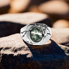 Green Moss Agate Crack Ring 925 Sterling Silver Handmade Gemstone Jewelry