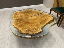 Clear Handmade Epoxy Resin Live Edge Round End Table with Stand for Home, Office