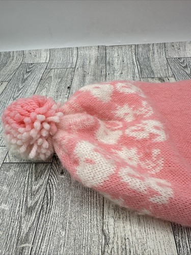 Vintage 70s 80s Knit Hat Poof Floral Pink Retro Handmade Beanie Winter Attire - Picture 3 of 5
